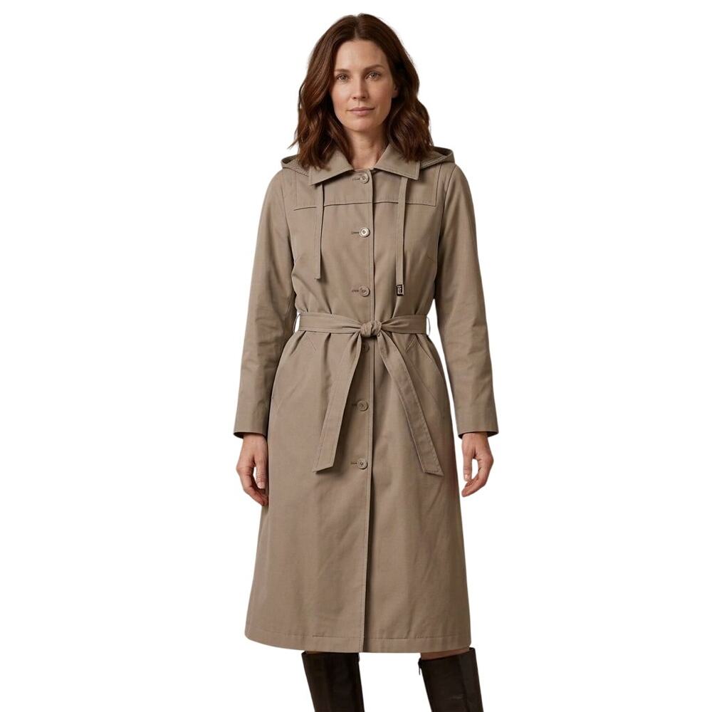 VTG LONDON FOG Faux Fur Lined Belted Hooded Khaki Trench Coat SZ 10P